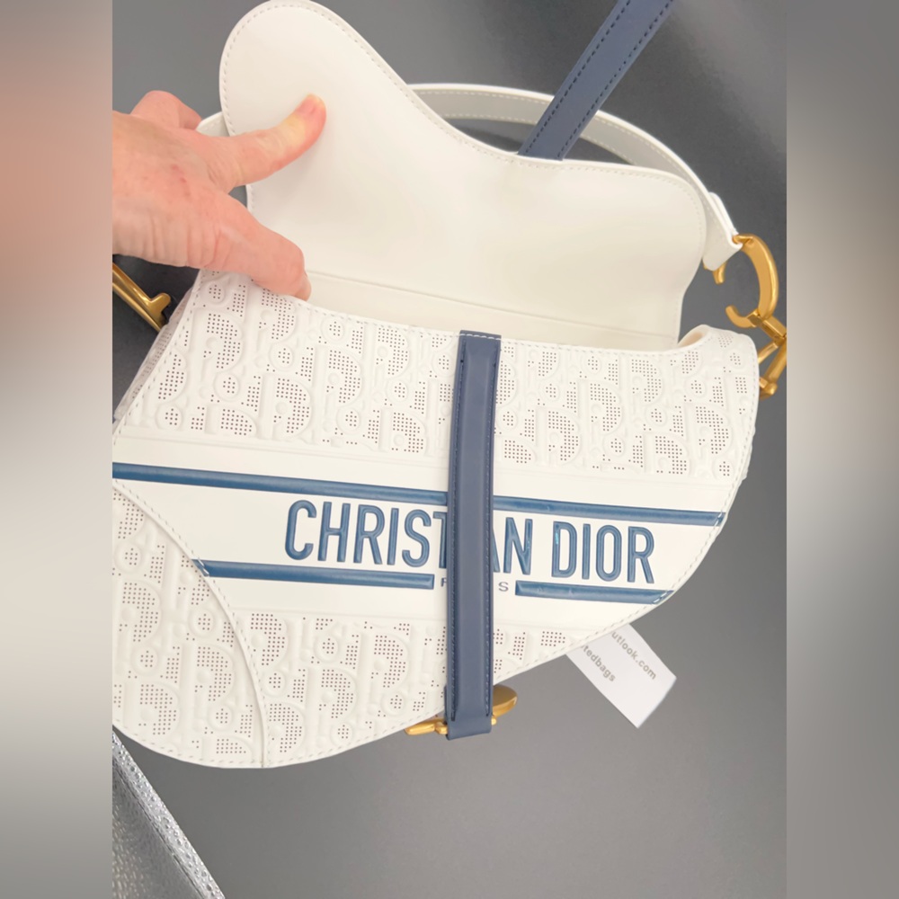 Dior Medium Saddle Bag White w/Navy and Gold Accents in Perforated Leather! ๐ค๐ - Picture 9 of 16